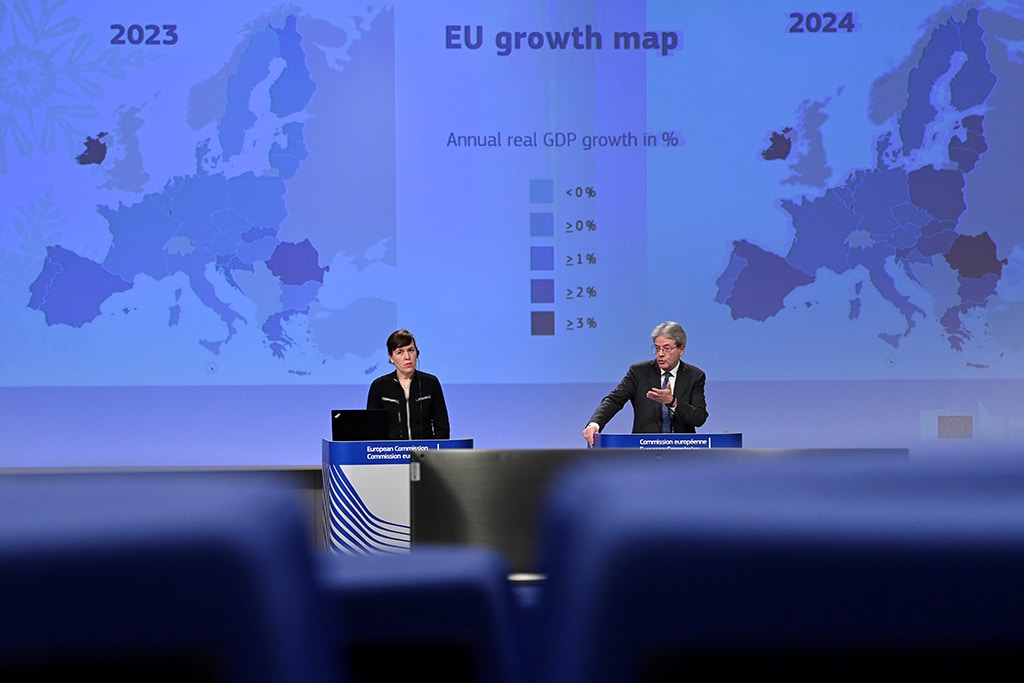 BRUSSELS: European Commissioner for the Economy Paolo Gentiloni (right) gives a press conference on Winter 2023 Economic Forecast at the EU headquarters in Brussels on February 13, 2023. - AFP
