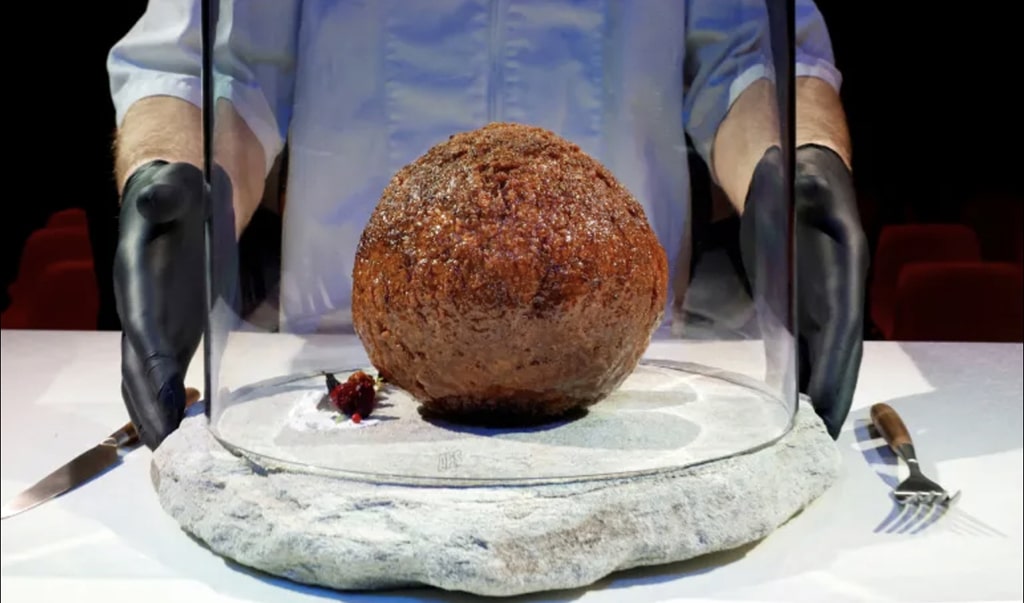 A meatball made from flesh cultivated using the DNA of an extinct woolly mammoth is presented at NEMO Science Museum.n