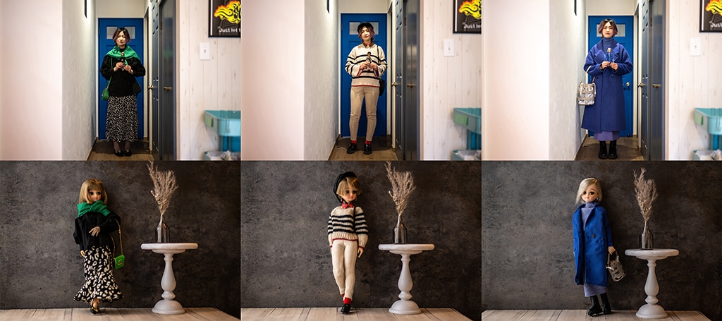 This combination of photographs shows Ryoko Baba (top row), a 33-year-old graphic designer, posing with her Licca-chan dolls while wearing matching outfits, at home in Tarui, Gifu Prefecture.— AFP photos