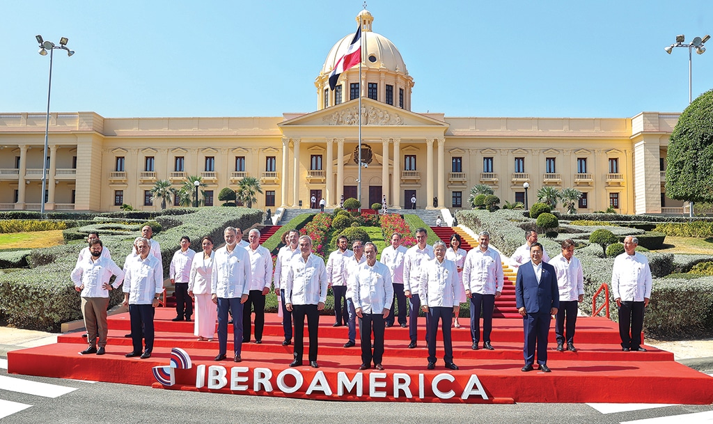 SANTO DOMINGO, Dominican Republic: Handout picture released by the Dominican Foreign Ministry of leaders posing for the official group picture of the XXVIII Ibero-American Summit of Heads of State and Government, in front of the National Palace in Santo Domingo, on March 25, 2023. -- AFP