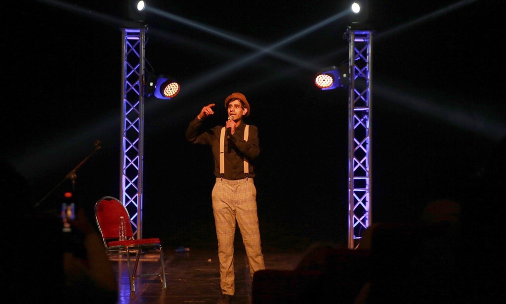 Abdullah Sobeih, 25, a graduate of the Amman Comedy Club (ACC), performs on stage at the Al-Shams theatre in Amman.—AFP photos
