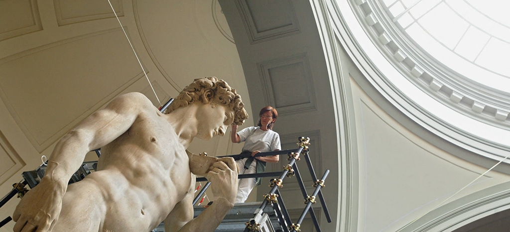 This file photo taken on September 15, 2003 shows the world's most famous statues in the world, Michelangelo's David during its restoration nat the Galleria del'Academia in Florence where the statue has been kept since 1873.--AFP