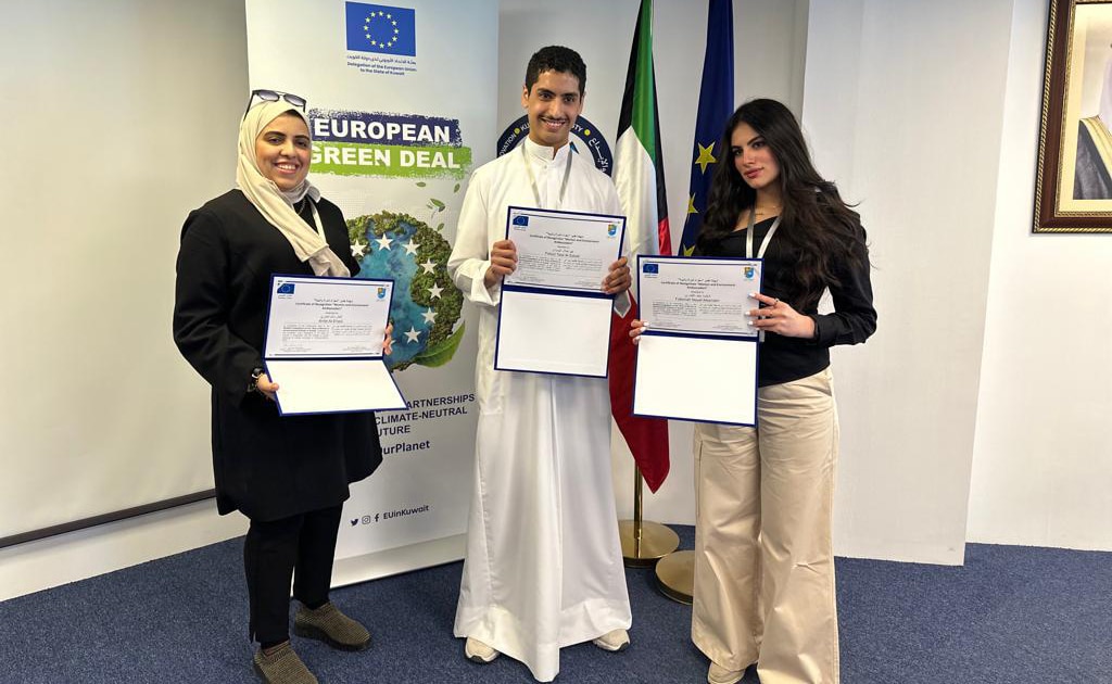 KUWAIT: The winners pose for a photo at the awards ceremony held by Kuwait University’s college of social sciences and the EU delegation. – KUNA
