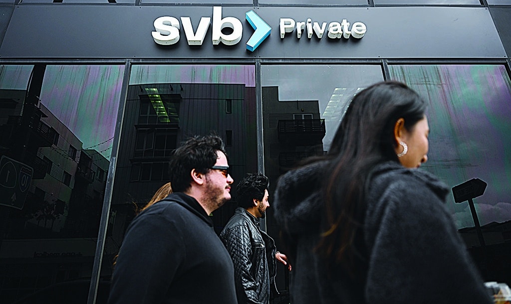 SANTA MONICA: The SVB Private logo is displayed outside of a Silicon Valley Bank branch in Santa Monica, California. - AFP