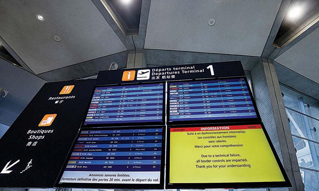 ROISSY-CHARLES DE GAULLE AIRPORT, France: This photograph shows departures terminal 1 panels following a technical failure, which impact all border controls at Roissy Charles de Gaulle airport, in the northeastern outskirts of Paris, on March 4, 2023. - AFP