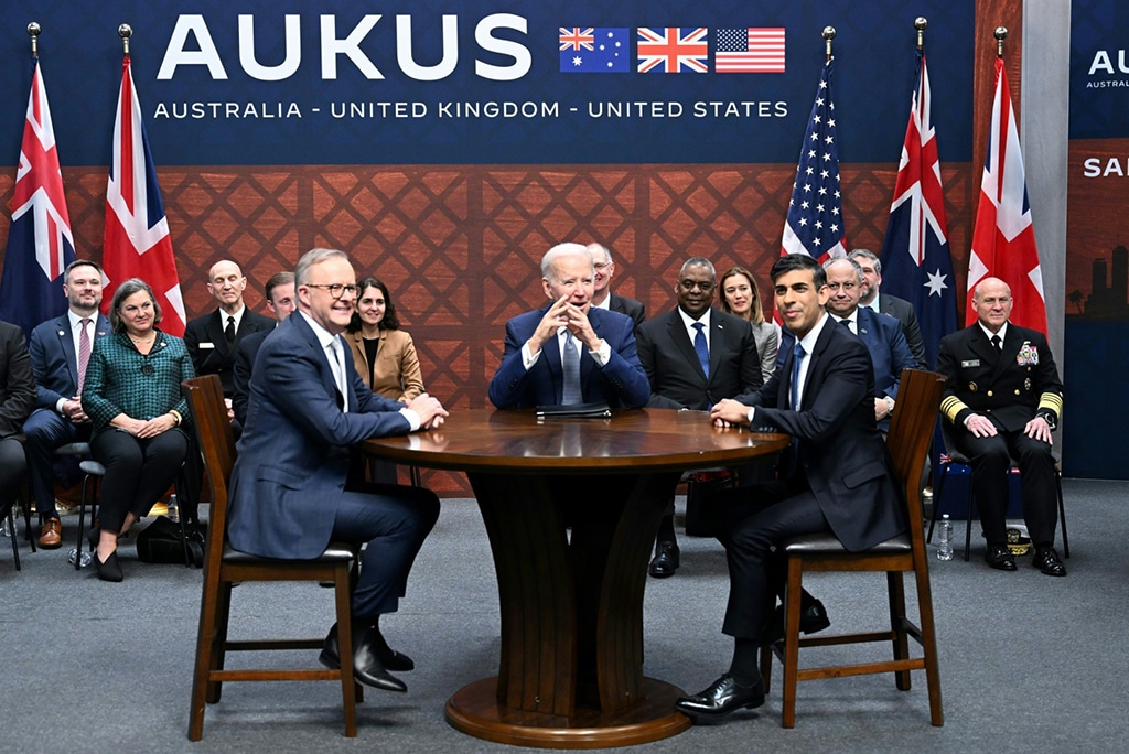 SAN DIEGO: US President Joe Biden (C) participates in a trilateral meeting with British Prime Minister Rishi Sunak (R) and Australia's Prime Minister Anthony Albanese (L) during the AUKUS summit at Naval Base Point Loma in San Diego California. - AFP