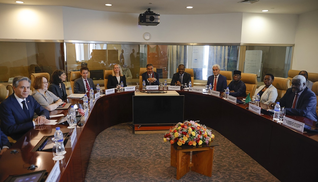 ADDIS ABABA: US Secretary of State Antony Blinken (L) attends a meeting with African Union Commission (AUC) Chairperson Moussa Faki Mahamat (R) at the commission’s headquarters, in Addis Ababa, Ethiopia, on March 16, 2023. – AFP