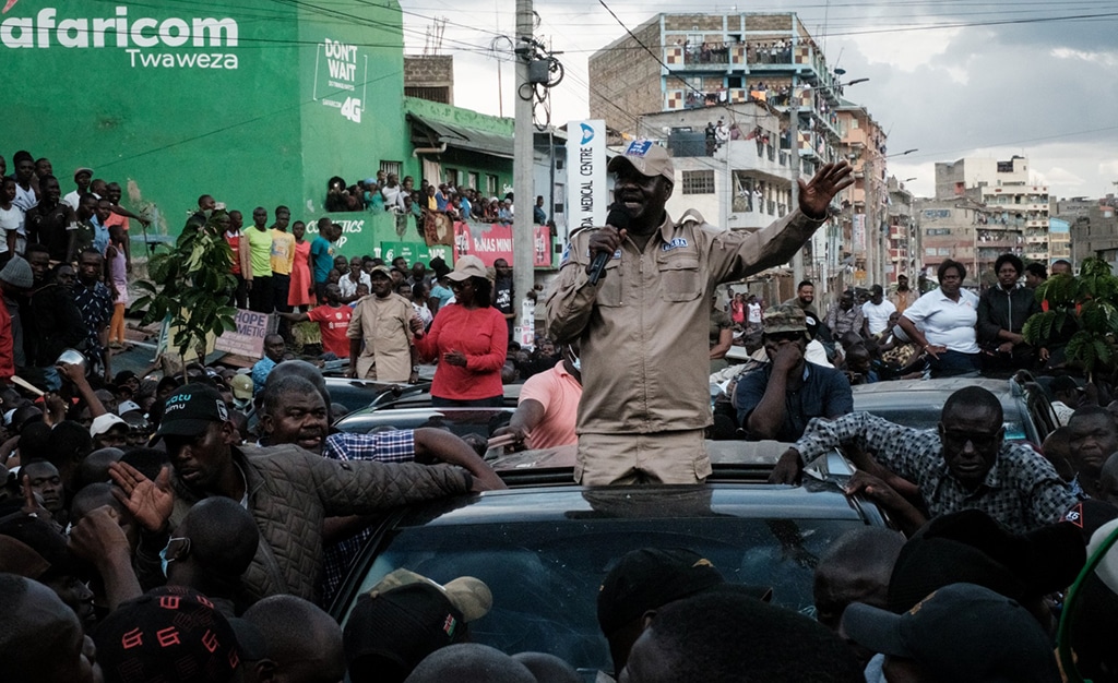 NAIROBI: Raila Odinga (C), the leader of the Kenyan opposition coalition “Azimio la Umoja”, speaks to supporters during a mass rally claiming the last Kenyan presidential election was stolen from him and blames the government for the hike of living costs in Mathare slum in Nairobi. – AFP