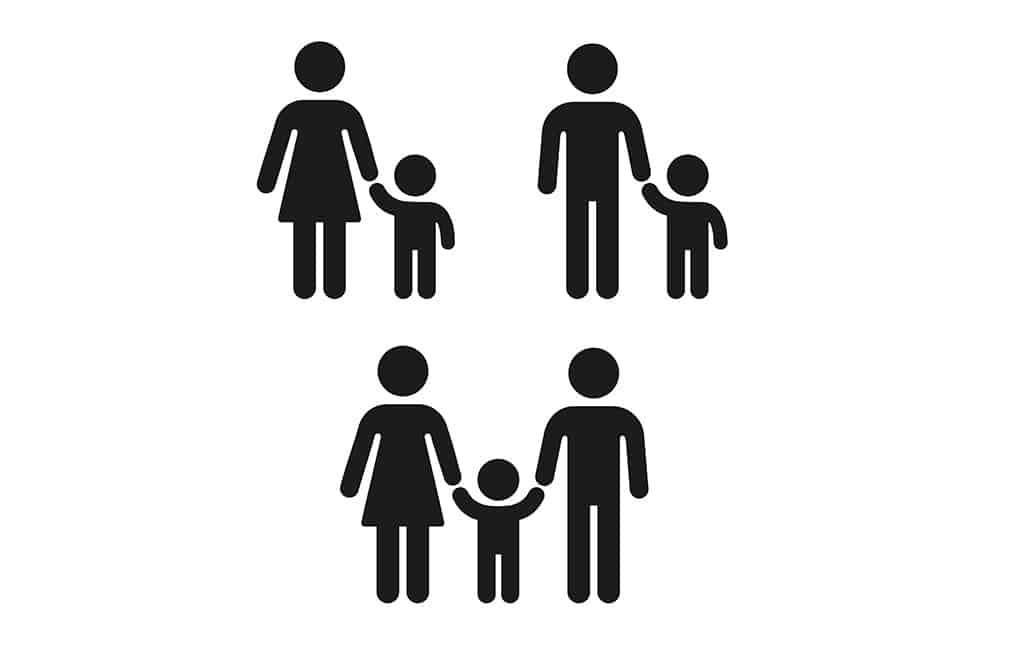 Adult and child holding hand icon, family and single parent. Simple people figure icons, vector symbol set.