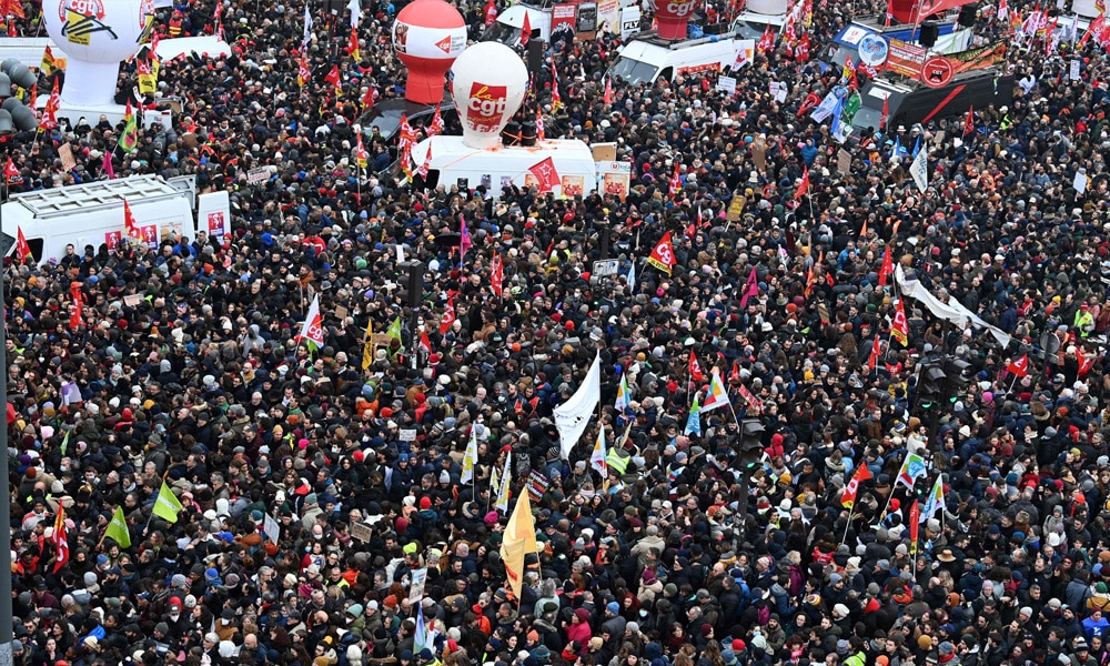 In this file photo taken on January 19, 2023, demonstrators gather at Place de la Republique during a rally called by French trade unions in Paris.
