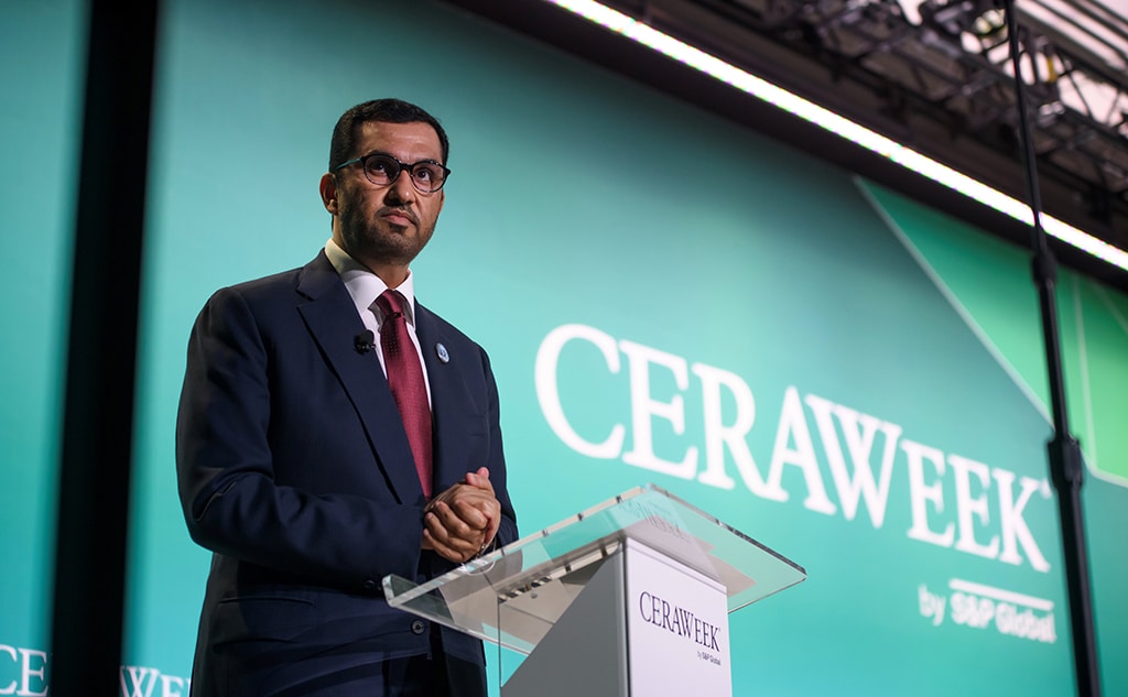 HOUSTON: United Arab Emirates Minister of Industry and Advanced Technology Sultan Ahmed Al-Jaber speaks during CERAWeek by S&amp;P Global in Houston, Texas on March 6, 2023. - AFP