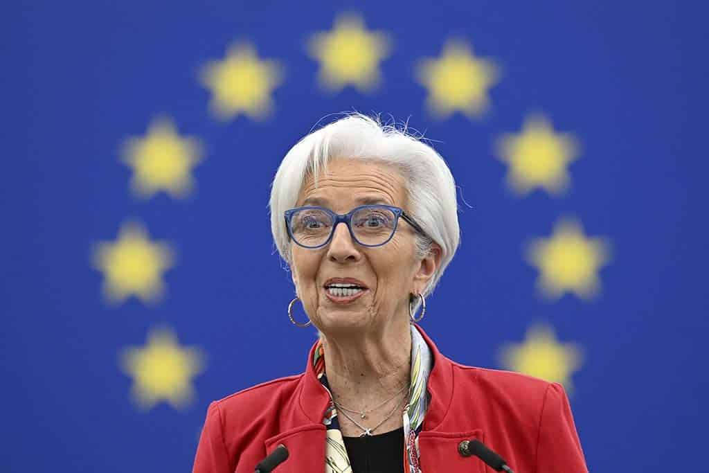 GENEVA: European Central Bank (ECB) President Christine Lagarde delivers a speech during a conversation event on the occasion of International Women's Day, at the WTO headquarters in Geneva.- AFP