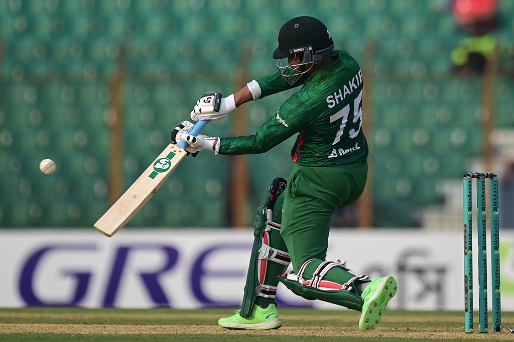 CHITTAGONG: Bangladesh’s captain Shakib Al Hasan plays a shot during the second Twenty20 international cricket match between Bangladesh and Ireland on March 29, 2023. – AFP