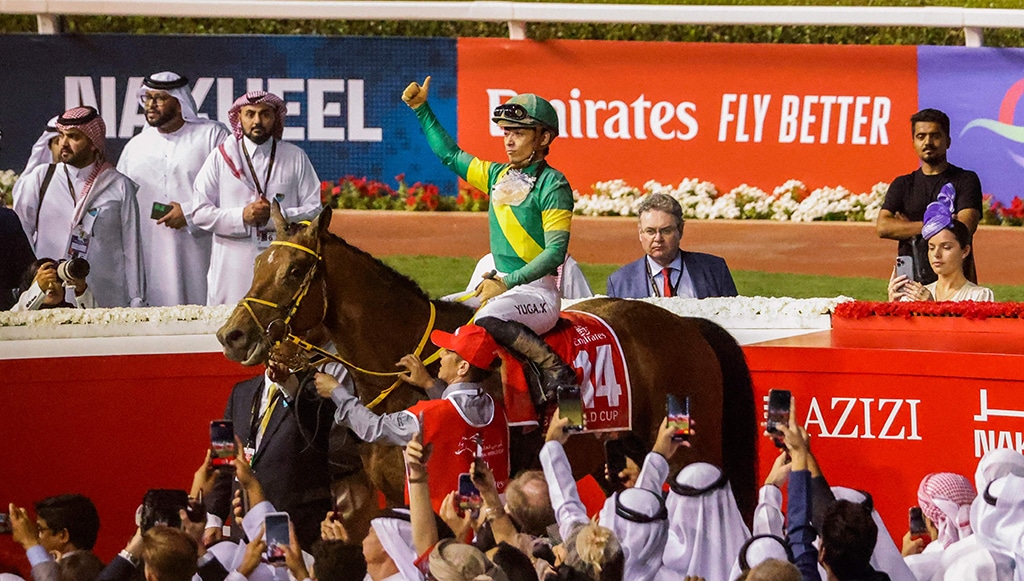 DUBAI: Jockey Yuga Kawada reacts after winning the Dubai World Cup horse racing event at the Meydan track in Dubai.- AFP