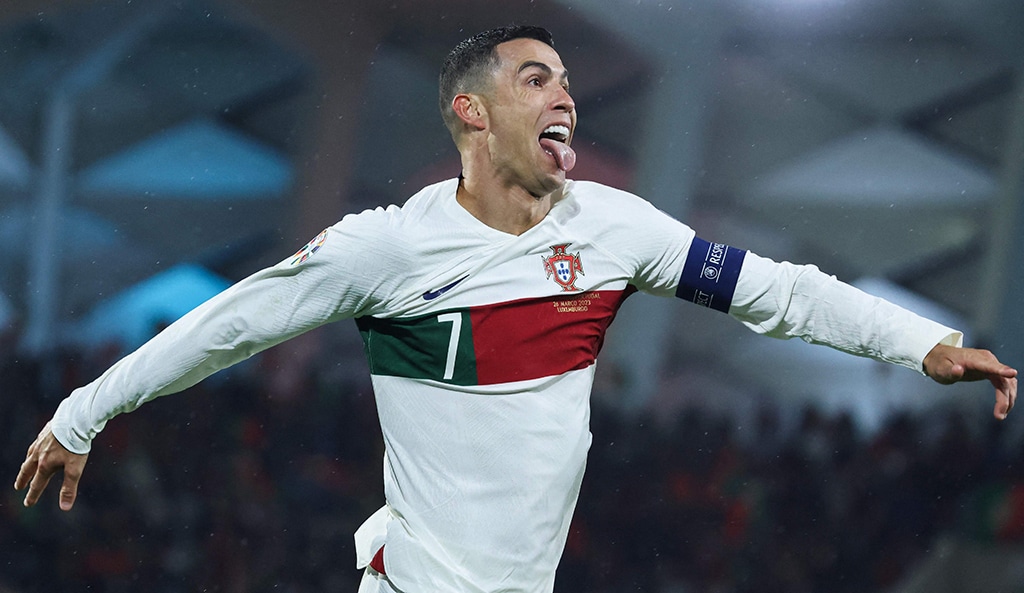 LUXEMBOURG: Portugal’s forward Cristiano Ronaldo celebrates after scoring his team’s first goal during the UEFA Euro 2024 group J qualification football match between Luxembourg and Portugal on March 26, 2023. – AFP