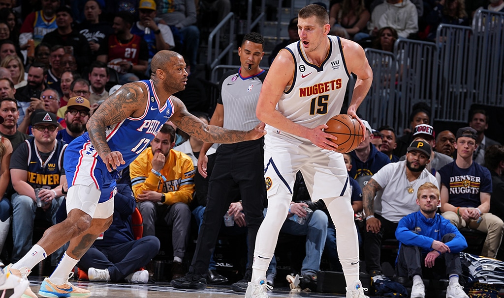 DENVER: Nikola Jokic #15 of the Denver Nuggets handles the ball during the game against the Philadelphia 76ers on March 27, 2023 at the Ball Arena in Denver, Colorado. – AFP