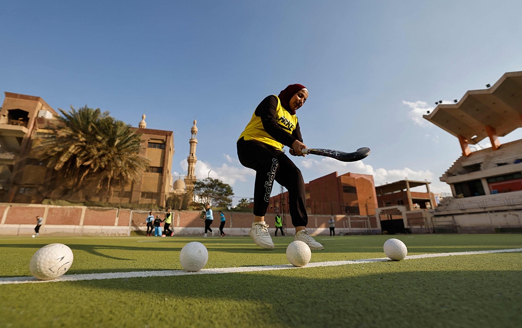 ZAGAZIG: Egyptian female field hockey players attend a training session in Al-Zagzig city.- AFP