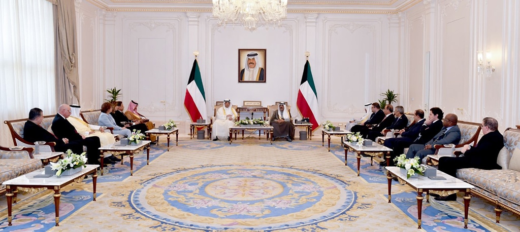 KUWAIT: HH the Deputy Amir and Crown Prince Sheikh Mishal Al-Ahmad Al-Jaber Al-Sabah receives GCC and Arab information ministers at Bayan Palace on March 15, 2023. - KUNA