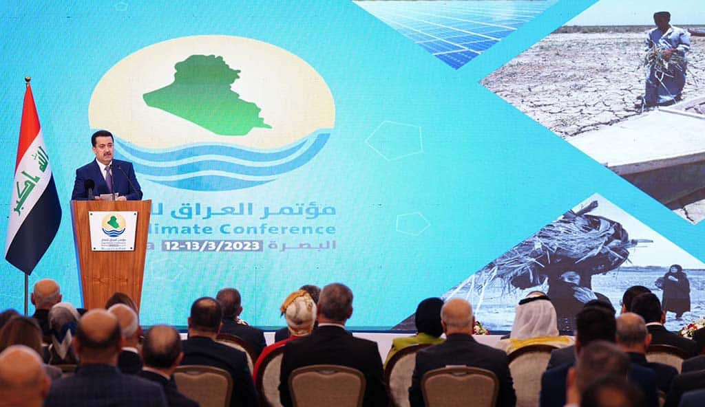 BASRA: Iraq’s Prime Minister Mohammed Shia Al-Sudani speaks during the Iraq Climate Conference on March 12, 2023. — AFP