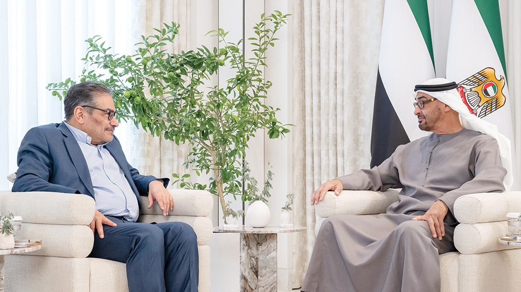ABU DHABI: Emirati President Sheikh Mohamed bin Zayed Al-Nahyan meets Secretary of Iran's Supreme National Security Council Ali Shamkhani on March 16, 2023. – AFP