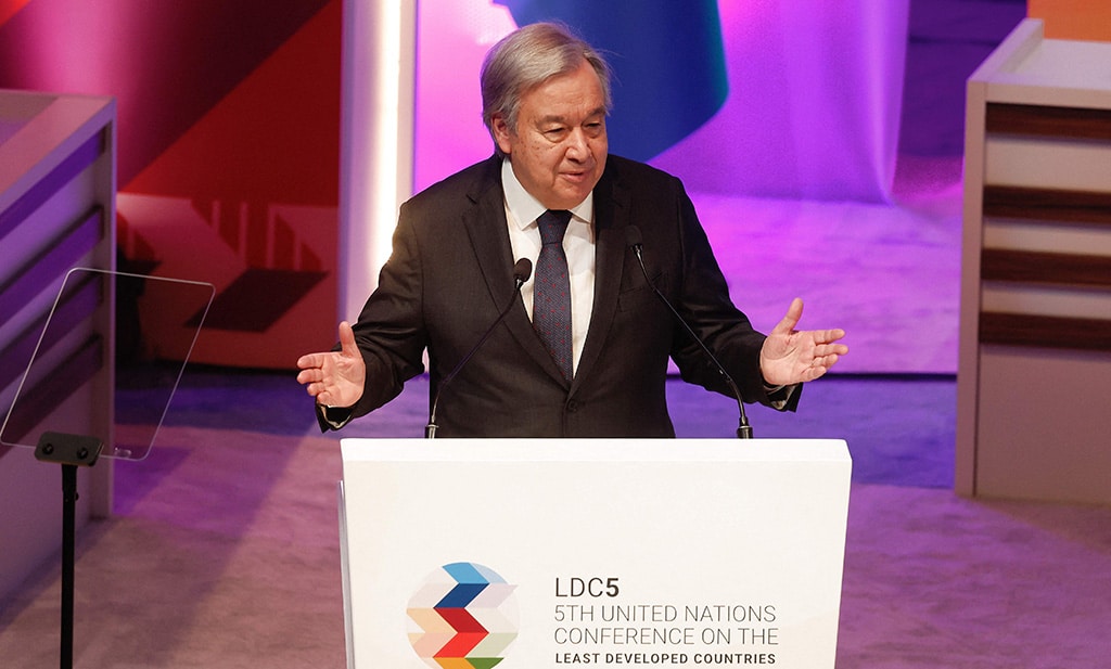 DOHA: UN Secretary-General Antonio Guterres speaks during the 5th Conference on the Least Developed Countries (LDC5) on March 4, 2023. – AFP