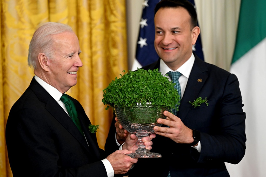WASHINGTON: YS President Joe Biden hosts Irish Taoiseach Leo Varadkar for a Shamrock presentation and reception in the East Room of the White House in Washington, DC, on March 17, 2023. - AFP