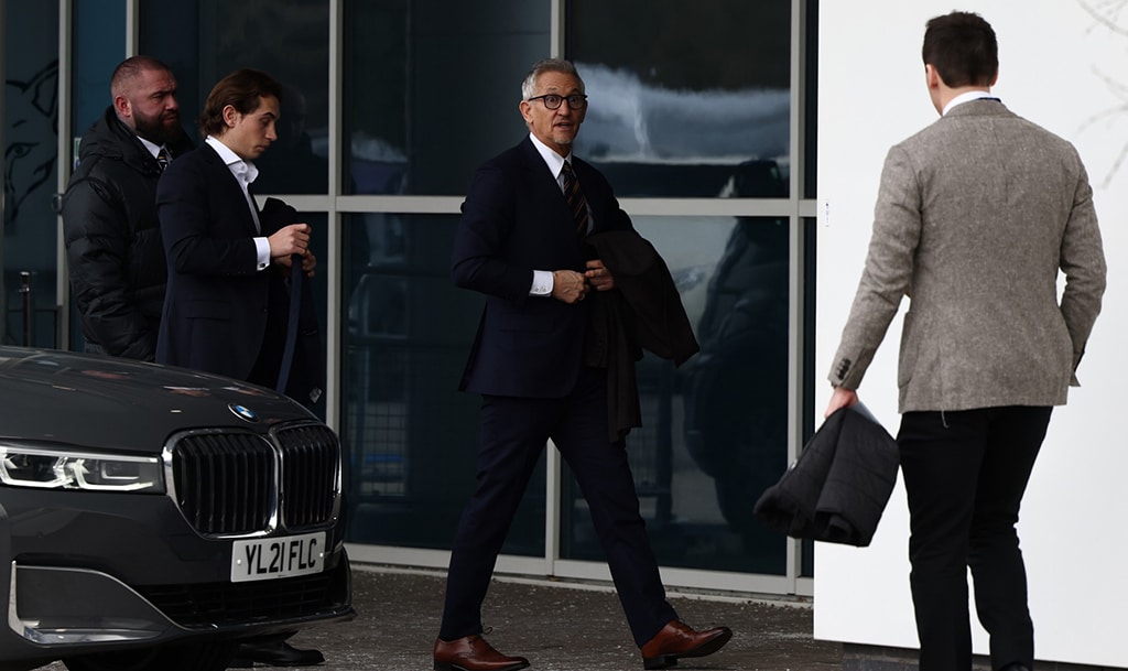 LEICESTER: Gary Lineker (2R), former England footballer turned sports TV presenter for the BBC, arrives at the King Power Stadium in Leicester, central England, ahead of the English Premier League football match between Leicester City and Chelsea.- AFP