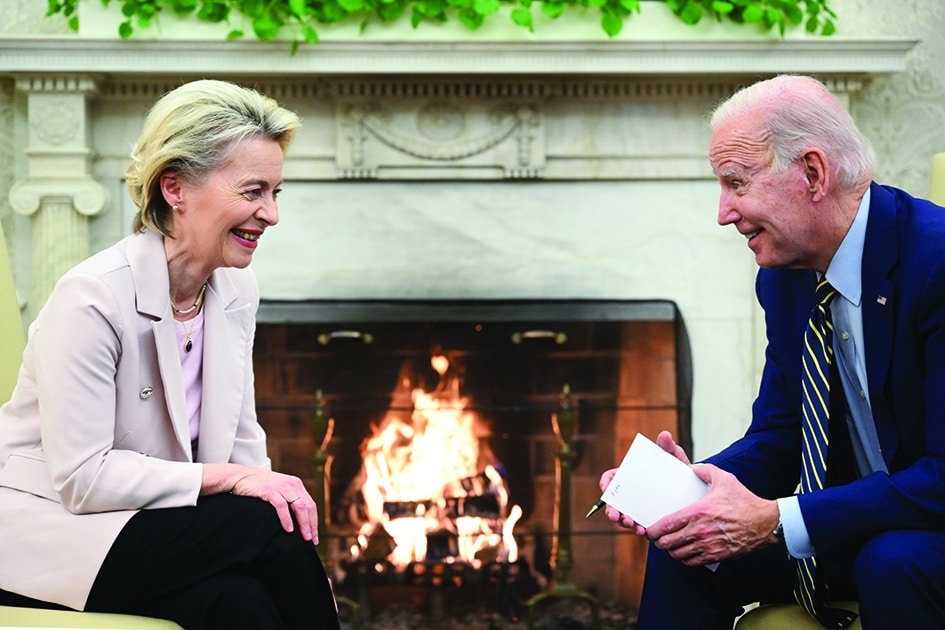 US President Joe Biden meets with European Commission President Ursula von der Leyen in the Oval Office of the White House in Washington, DC, on March 10, 2023. (Photo by Mandel NGAN / AFP)