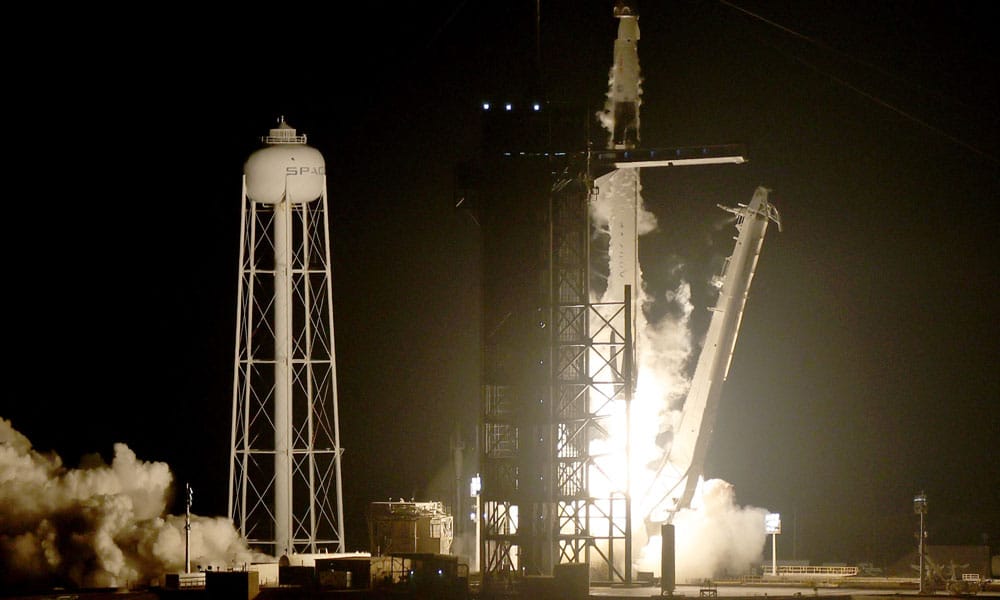 A SpaceX Falcon 9 rocket with the Crew Dragon spacecraft lifts off from launch pad 39A at the Kennedy Space Center on March 02, 2023 in Cape Canaveral, Florida.