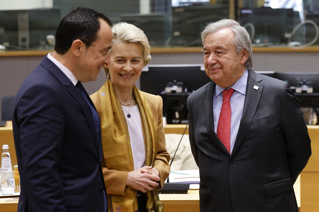 BRUSSELS: UN Secretary-General Antonio Guterres (R) talks with President of the European Commission Ursula von der Leyen (C) and Cyprus' President of the Republic Nikos Anastasiadesas they attend a EU Summit, at the EU headquarters in Brussels, on March 23, 2023. – AFP