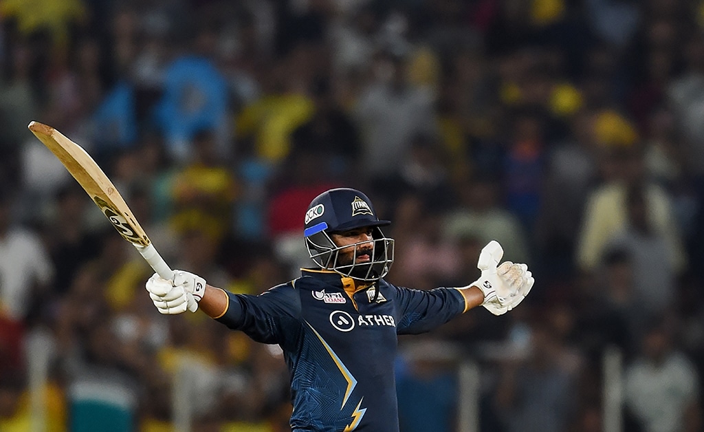 AHMEDABAD: Gujarat Titans’ Rahul Tewatia reacts after hitting a boundary that lead to his team’s win in the Indian Premier League (IPL) Twenty20 cricket match between Gujarat Titans and Chennai Super Kings on March 31, 2023. - AFP