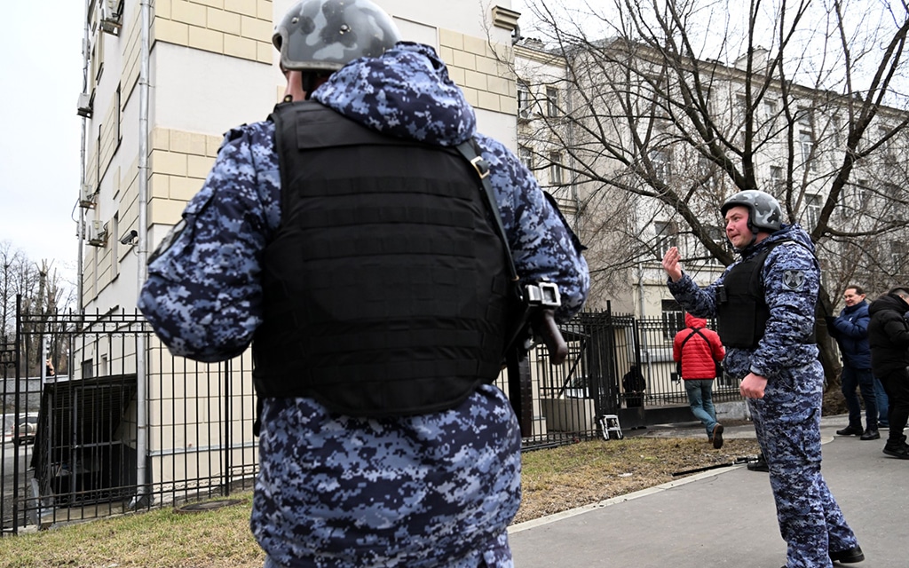 MOSCOW: A Russian law enforcement officer gestures outside the Lefortovsky court after Evan Gershkovich, US journalist working for the Wall Street Journal detained in Russia. – AFP