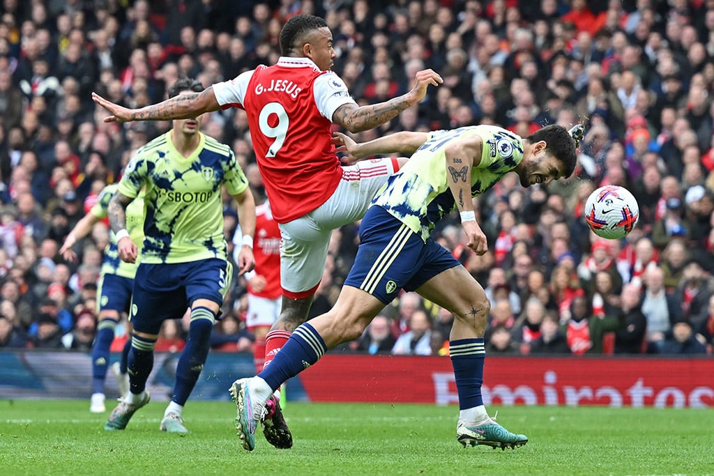 LONDON: Arsenal’s Brazilian striker Gabriel Jesus vies with Leeds United’s Dutch defender Pascal Struijk at thenEmirates Stadium on April 1, 2023. — AFP