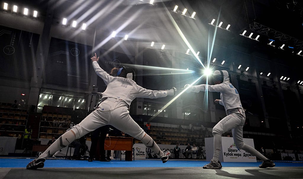 Russia’s Anastasia Balyagina and Russia’s Galina Krymova (R) compete in the international fencing event “Friendship Cup” in the Russian city of Kazan on the Volga River on March 31, 2023. — AFP
