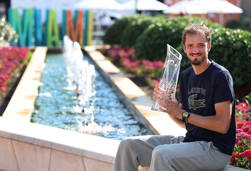 MIAMI GARDENS: Daniil Medvedev of Russia holds the Butch Buchholz Trophy after defeating Jannik Sinnernof Italy during the Mens Finals of the Miami Open on April 02, 2023. — AFP