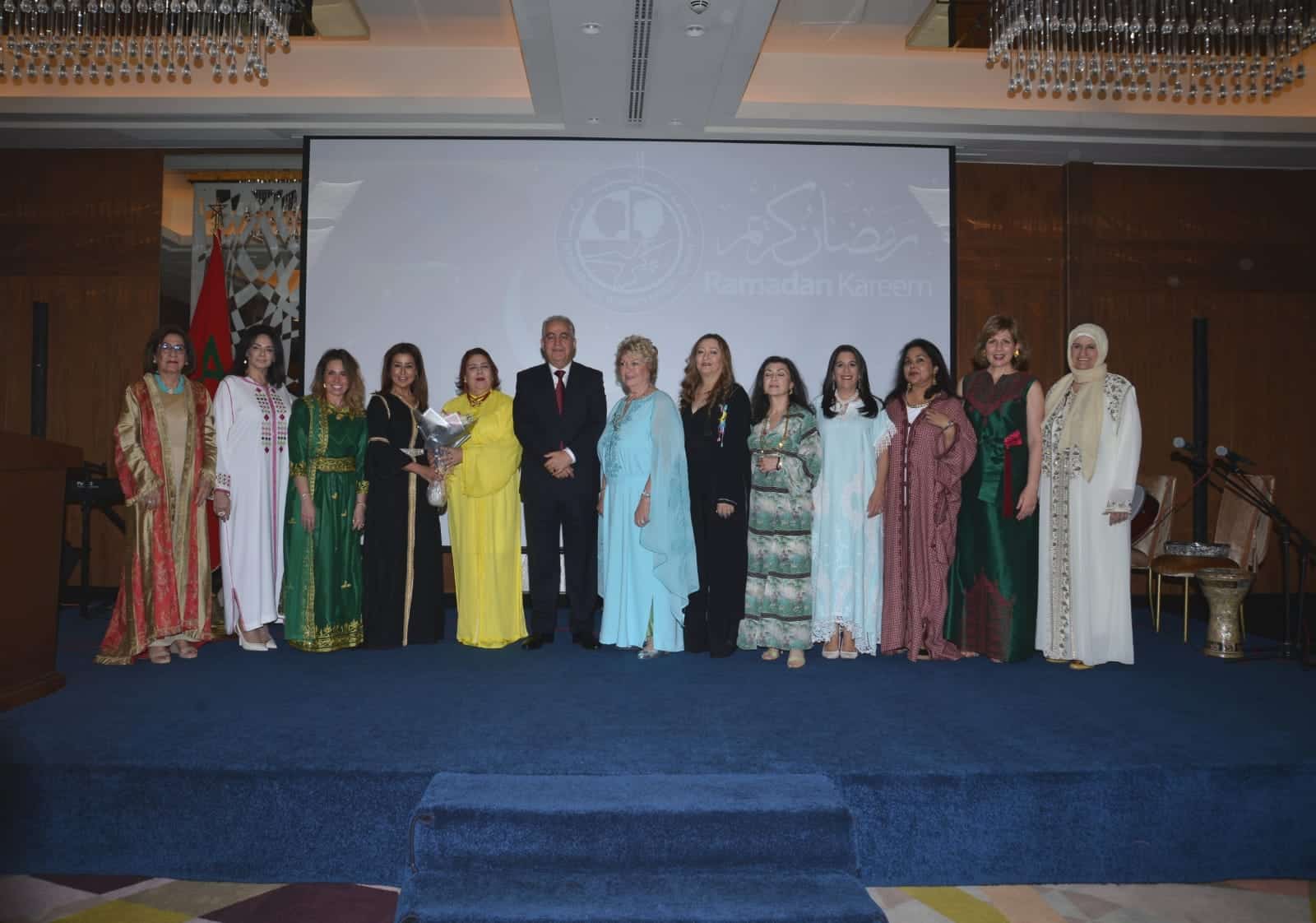 IWG members pose for a photo with the President of IWG Ghada Shawky, Honorary President ofnthe IWG Sheikha Hanouf Bader Mohammed Al-Sabah, Ambassador of the Kingdom of Morocco Ali Benaissa and his spouse Aicha Al-Fasi.