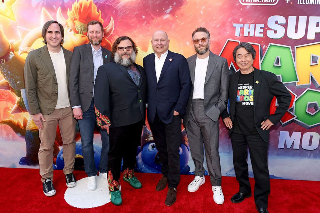 (From left to right) Michael Jelenic, Aaron Horvath, Jack Black, Chris Meledandri, CEO of Illumination, Seth Rogen, Shigeru Miyamoto attend a Special Screening of Universal Pictures' (The Super Mario Bros) at Regal LA Live on April 01, 2023 in Los Angeles, California.- AFP photos