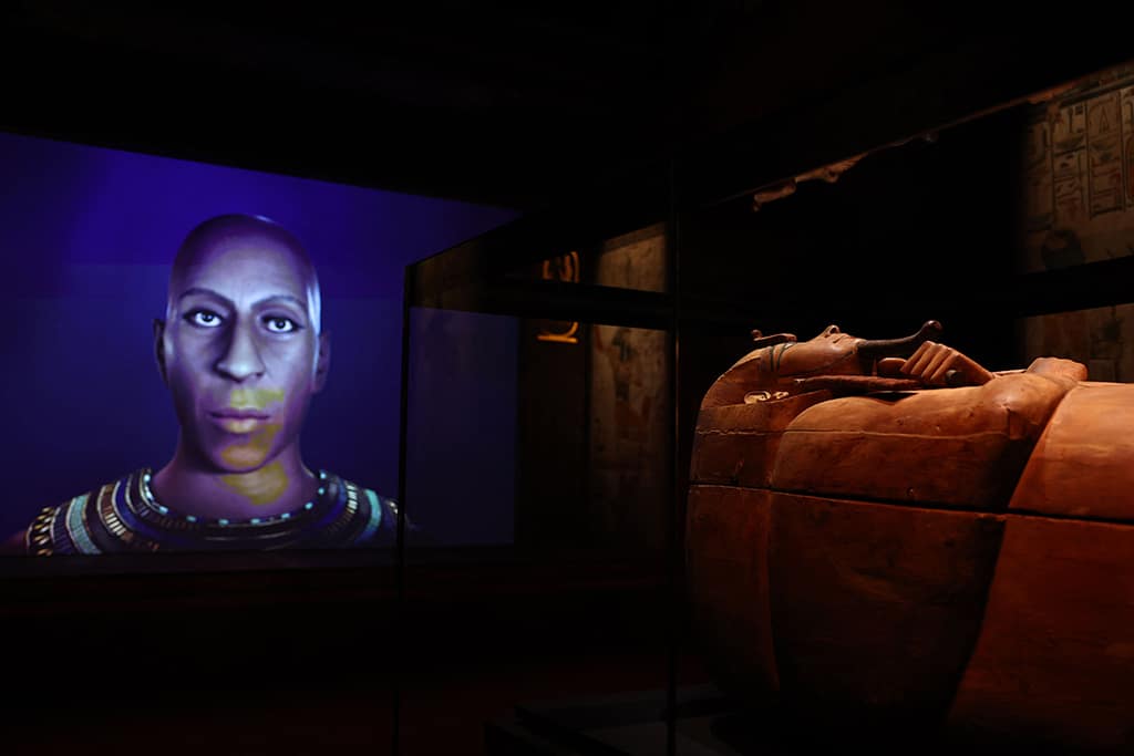 A photograph shows the sarcophagus of pharaoh Ramses II (and its reflection) displayed on the opening day of the exhibition titled “Ramses and the Gold of the Pharaohs” (Ramses et l’or des pharaons) at the Grande Halle de la Villette in Paris. — AFP photos