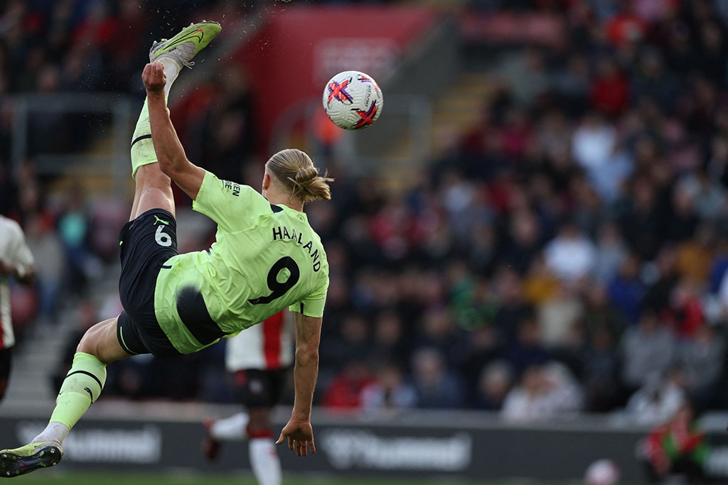 SOUTHAMPTON: Manchester City’s Norwegian striker Erling Haaland scores their third goal with this overhead kick during the English Premier League football match between Southampton and Manchester City on April 8, 2023. – AFP
