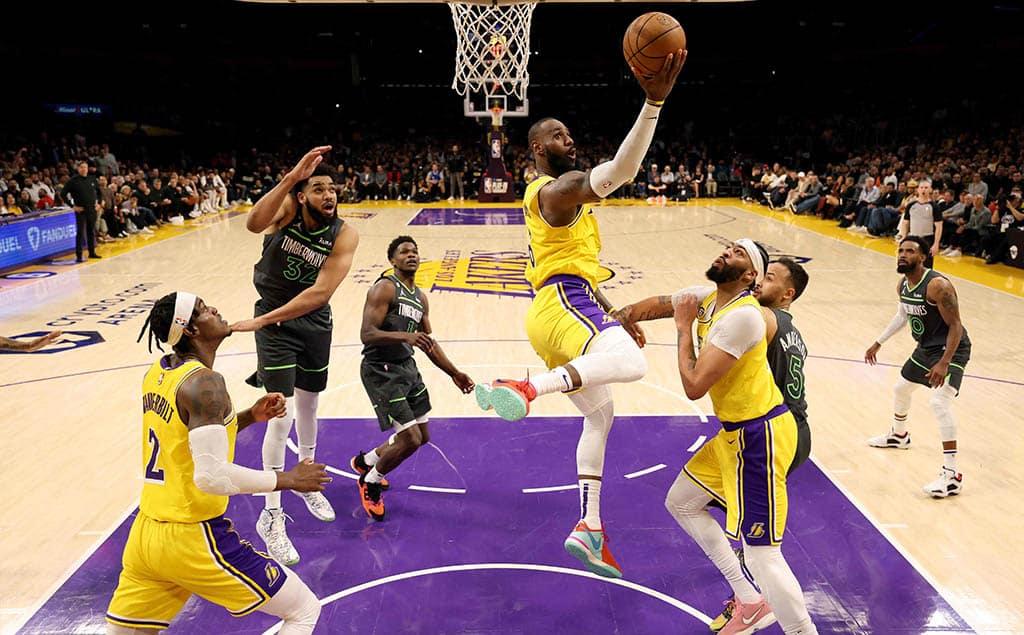 LOS ANGELES: LeBron James of the Los Angeles Lakers scores on a layup during a 108-102 win against the Minnesota Timberwolves in a play-in tournament game at Crypto.com Arena on April 11, 2023. – AFP