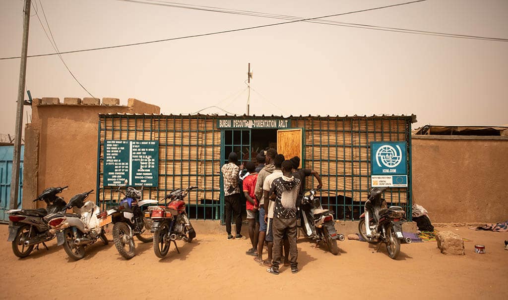ARLIT, Niger: In this file photo taken on March 30, 2023 Migrants queue outside the International Organization for Migration (IOM) information centre near the transit centre, in Arlit, Niger, on march 29, 2023. – AFP