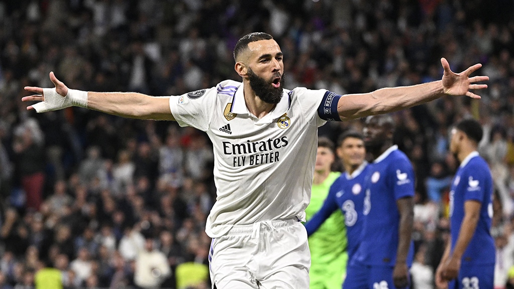 MADRID: Real Madrid's French forward Karim Benzema celebrates scoring his team's first goal against Chelsea at the Santiago Bernabeu stadium on April 12, 2023. – AFP