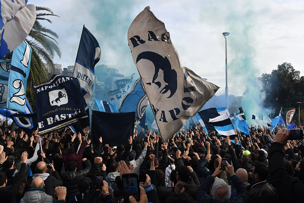 NAPLES: Napoli fans stage a protest outside the Diego Maradona stadium on April 2, 2023 to protest against tickets high prices and the interdiction to carry any banners and symbols of team membership. – AFP