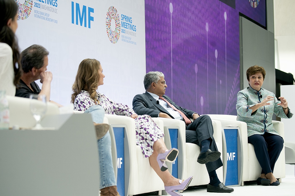 WASHINGTON: International Monetary Fund (IMF) Managing Director Kristalina Georgieva (right) speaks during a panel titled “Digital Infrastructure: Stacking Up the Benefits” at the annual spring meetings at the IMF headquarters in Washington, DC, on April 14, 2023. – AFP
