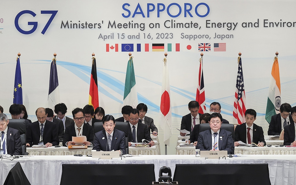 SAPPORO, Japan: Japan's Minister of Economy, Trade and Industry Yasutoshi Nishimura (front left) and Minister of the Environment Akihiro Nishimura (front right) attend the G7 Ministers' Meeting on Climate, Energy and Environment in Sapporo, Hokkaido prefecture on April 15, 2023. -- AFP