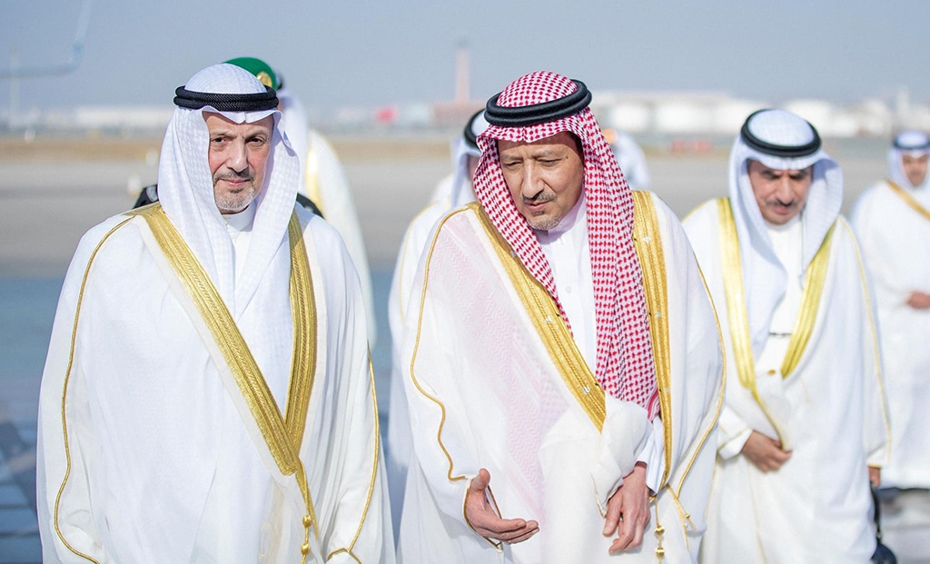 JEDDAH: A handout picture provided by the Saudi Press Agency (SPA), shows Saudi Deputy Foreign Minister Walid Al-Khuraiji (center) speaking with Kuwait’s Foreign Minister Sheikh Salem Abdullah Al-Jaber Al-Sabah upon his arrival in Jeddah. Arab countries gathered in Jeddah to discuss ending Syria’s long spell in the diplomatic wilderness, as regional relations shift following Saudi Arabia and Iran’s decision to resume ties. — AFP
