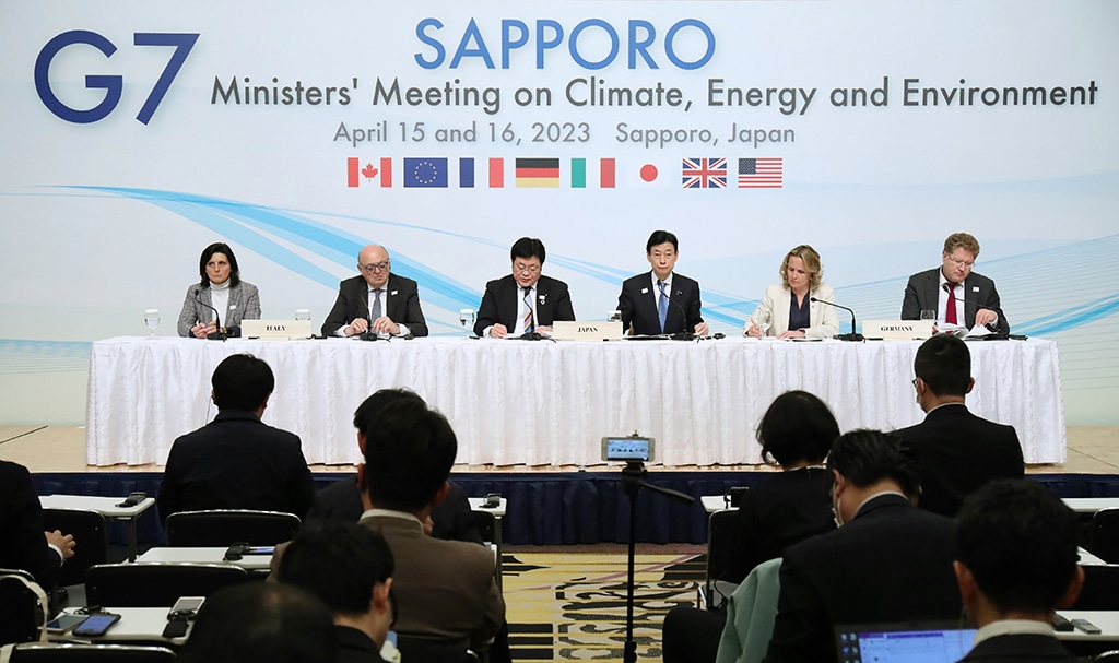 SAPPORO, Japan: Japan's Minister of the Environment Akihiro Nishimura (third left) and Japan's Minister of Economy, Trade and Industry Yasutoshi Nishimura (third right) attend the G7 Ministers' Meeting on Climate, Energy and Environment in Sapporo, Hokkaido prefecture on April 16, 2023. - AFP