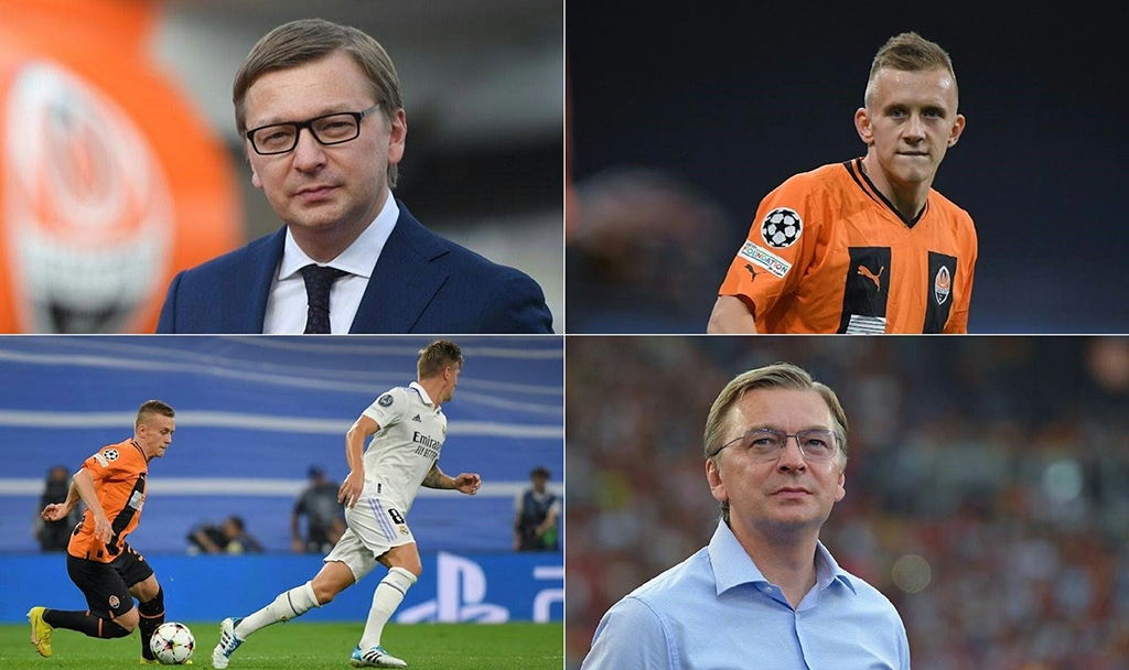 This combination of undated photographs created on April 16, 2023 shows from top left to bottom right: Shakhtar Donetsk's CEO Sergey Palkin, Shakhtar's Ukrainian international defender Ivan Petryak, Petryak in action on the pitch and CEO Sergey Palkin on the football pitch. – AFP