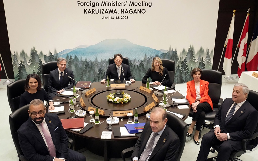 (KARUIZAWA: (Clockwise from up) Japan’s Foreign Minister Yoshimasa Hayashi, Canadian Foreign Minister Melanie Joly, French Foreign Minister Catherine Colonna, Italy's Foreign Minister Antonio Tajani, Deputy Secretary-General of the European External Action Service (EEAS) Enrique Mora, British Foreign Secretary James Cleverly, German Foreign Minister Annalena Baerbock and US Secretary of State Antony Blinken pose for a photo at the start of the first working session of a G7 Foreign ministers’ meeting. – AFP