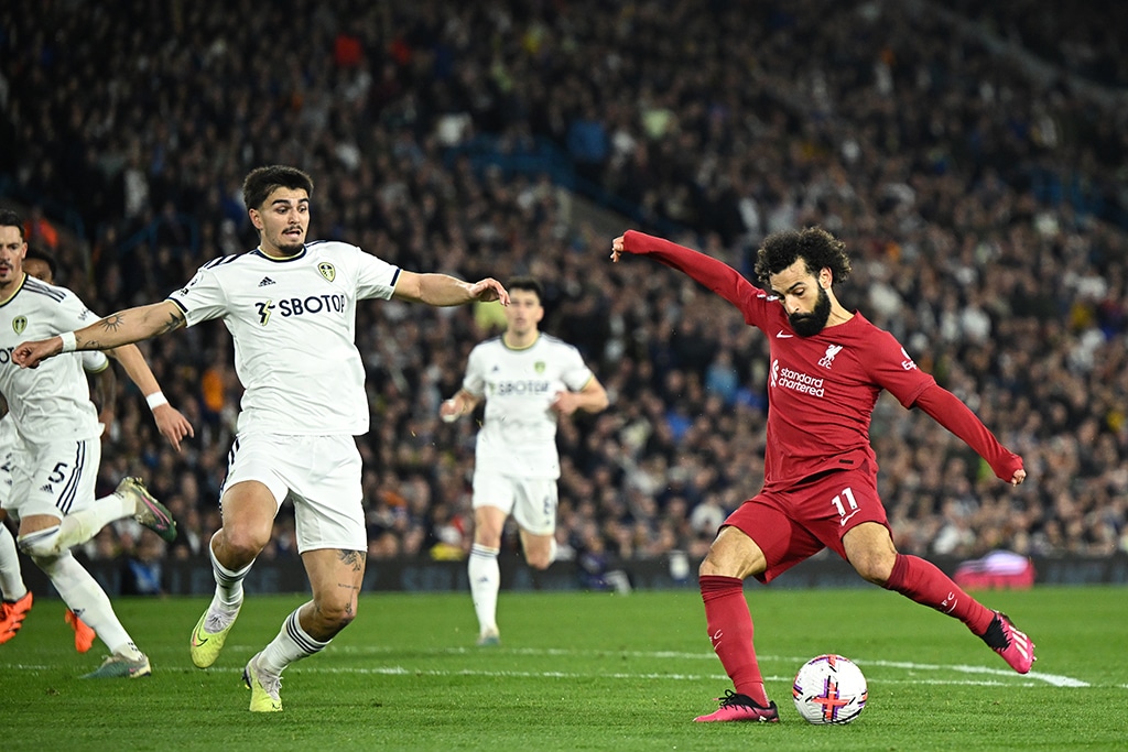 LEEDS: Liverpool's Egyptian striker Mohamed Salah shoots to score their second goal against Leeds United at Elland Road on April 17, 2023. – AFP